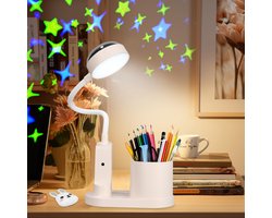 LED Bureau Lamp voor Kinderen met Sterrenprojectie - Draadloze Tafel Lamp met Pennenhouder en Oplaadbare Leeslamp