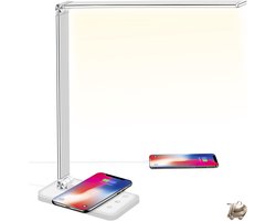 LED Bureaulamp - 10W Draadloos Opladen - USB Oplaadfunctie - Bureaulamp Tafel Lamp - 10 Helderheidsniveaus - 5 Kleurtemperaturen - Dimbaar - Geheugenfunctie - Gevoelige Aanraking - 30/60 min Timer - Energieklasse F