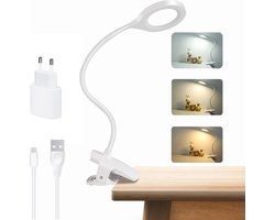 Led-bureaulamp, draadloos, oplaadbaar, 3 kleuren en 3 instelbare intensiteiten, bedlampje met clip, voor kinderen, 28 leds, draagbaar, leeslamp, om vast te klikken, voor boek in bed, wit