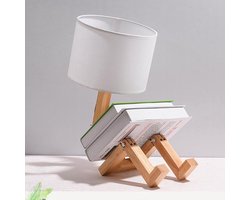 LED bureaulamp met boekenhouder - Scandinavisch design - Witte stoffen kap - Houten mannetje met verstelbare gewrichten - Met lichtbron