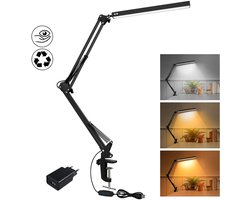LED-bureaulamp – Met clip – Dimbaar – Leeslamp – 3 lichtkleuren – 10 helderheidsniveaus – Geschikt voor bureaus, slaapkamers en werkplekken – 10W – 5V/2A directe stekker – Zwart