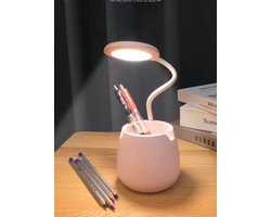 LED Bureaulamp met Pennenhouder | USB Oplaadbaar | Flexibele Hals 360° | Nachtlampje voor Bureau & Slaapkamer | Roze