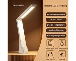LED-bureaulamp – Oogbeschermende lamp – Aanraakbediening – 3 dimniveaus – 3 kleurmodi – 120° inklapbare bedlamp – 1200 mAh-accu – Oplaadbaar via USB – Hoogte: 28 cm – Wit