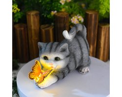 LED-dierenlampjes op zonne-energie- sfeerverlichting voor buiten- schattige tuinverlichting van hars-Grijze kat-22*15*11cm