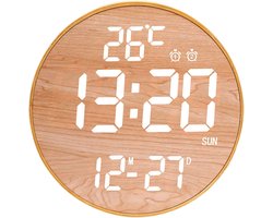 LED digitale wandklok, wekker, instelbare helderheid, display, moderne stijl, geschikt voor kantoor en slaapkamer, houten oppervlak, wit licht.