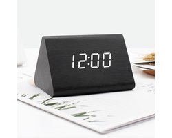 LED digitale wekker met tijd-, datum-, temperatuur- en kalenderweergave - Zwart hout, wit licht