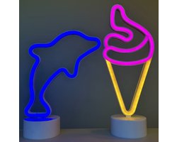 LED dolfijn en ijsje met neonlicht - Set van 2 stuks - blauw en roze+oranje neon licht - Op batterijen en USB - hoogte dolfijn 26.5 x 17 x 8.5 cm - hoogte ijsje 30 x 13 x 8.5 cm - Tafellamp - Nachtlamp - Decoratieve verlichting - Woonaccessoires