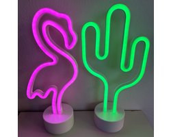 LED flamingo en cactus met neonlicht - Set van 2 stuks - roze en groen neon licht - hoogte 29.5 x 14.5 x 8.5 cm / 29.5 x 20 x 8.5 cm - Werkt op batterijen en USB - Tafellamp - Nachtlamp - Decoratieve verlichting - Woonaccessoires