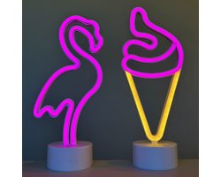 LED flamingo en ijsje met neonlicht - Set van 2 stuks - roze & roze + oranje neon licht - Op batterijen en USB - hoogte flamingo 29.5 x 14.5 x 8.5 cm - hoogte ijsje 30 x 13 x 8.5 cm -Tafellamp - Nachtlamp - Decoratieve verlichting - Woonaccessoires