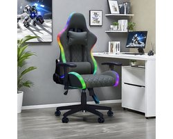 LED-gamingstoel met verstelbare rugleuning, PU-lederen stoelen met wielen, bureaustoel, met lendensteunkussen en kussen