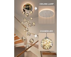 LED Hanglamp voor Trapgat – 15-Lichts Sterrenhemel Kroonluchter 250 cm Hoogte Ø60 cm – Verstelbare Glazen Bollen Hanglamp 75W 4000K Neutraal Wit – Luxe Design Verlichting voor Vide, Woonkamer, Entree en Hoge Plafonds