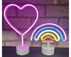 LED hart en regenboog met neonlicht - Set van 2 stuks - roze en multicolour neon licht - hoogte 29.5 x 20 x 8.5 cm / 20 x 22.5 x 8.5 cm - Werkt op batterijen en USB - Tafellamp - Nachtlamp - Decoratieve verlichting - Woonaccessoires