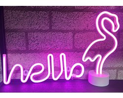 LED hello en flamingo met neonlicht - Set van 2 stuks - roze neon licht - hoogte 13 x 35 x 2 cm / 29.5 x 14.5 x 8.5 cm - Werkt op batterijen en USB - Wandlamp + Tafellamp - Nachtlamp - Decoratieve verlichting - Woonaccessoires