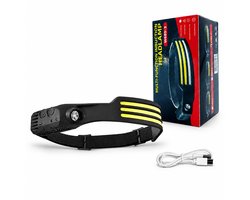 LED Hoofdlamp Oplaadbaar - 450 Lumen - 3 Witte Lichtstrips - Handbewegingssensor - 180° Brede Lichtbundel + Spot - Verstelbare Hoofdband - USB-C - Spatwaterbestendig - 102 g - Zwart