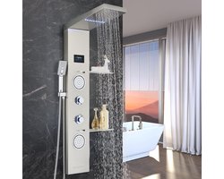 LED Hydromassage douchekolom Geborsteld nikkel Roestvrij staal 5 functies (waterval- en regendouchekop, handdouche, massagestralen, baduitloop, bidetstraal)