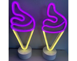LED ijsje met neonlicht - Set van 2 stuks - roze/geel neon licht - hoogte 30 x 13 x 8.5 cm - Werkt op batterijen en USB - Tafellamp - Nachtlamp - Decoratieve verlichting - Woonaccessoires