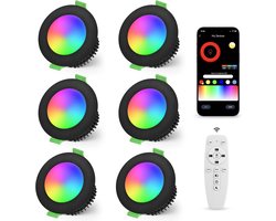 LED-inbouwspot RGB 5W 230V IP44 2700-6500K 65-80MM 6PCS Zwart | YindaLux 500LM Inbouwlamp Dimbaar besturing via App & afstandsbediening LED Spots voor badkamer en woonkamer