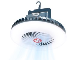LED-kampeerlamp met ventilator, oplaadbaar via USB, 2-in-1 kampeerventilator met licht, tentlamp, lantaarn, buitenkampeeraccessoires voor wandelen, vissen, strand, caravan, camper en auto
