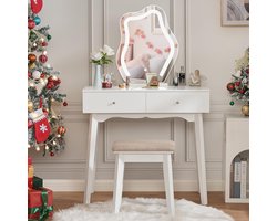 LED kaptafel make-uptafel met spiegel en kruk - 3 kleuren licht - wit BDT52W make up tafel