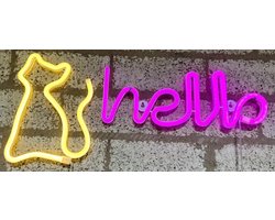 LED kat en hello met neonlicht - Set van 2 stuks - geel en roze neon licht - Op batterijen en USB - hoogte kat 17 x 1.5 x 23.5 cm - hoogte hello 13 x 35 x 2 cm - Wandlamp - Sfeerlamp - Decoratieve verlichting - Woonaccessoires
