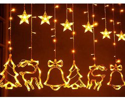 LED Kerstverlichting - Kerst lichtgordijn - Kerstgordijn - Magisch Lichtgordijn (3 meter breed)) - Met 3 meter aanloopsnoer - Sterrengordijn - Rendier, Ster, Kerstbel & Dennenboom - Warm Wit - Spatwaterdicht - Ideaal voor Raamdecoratie
