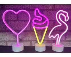 LED lampen met neonlicht - Set van 3 stuks - Hart/IJsje/Flamingo - roze/roze+oranje neon licht - Werken op batterijen en/of USB - Tafellamp - Nachtlamp - Decoratieve verlichting - Woonaccessoires