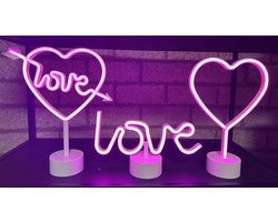 LED lampen met neonlicht - Set van 3 stuks - Hart/Love/Hart+Love - roze neon licht - Werken op batterijen en/of USB - Tafellamp - Nachtlamp - Decoratieve verlichting - Woonaccessoires