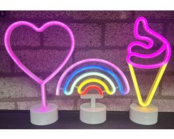 LED lampen met neonlicht - Set van 3 stuks - Hart/Regenboog/IJsje - roze/multicolour/roze+oranje neon licht - Werken op batterijen en/of USB - Tafellamp - Nachtlamp - Decoratieve verlichting - Woonaccessoires