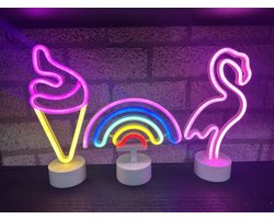 LED lampen met neonlicht - Set van 3 stuks - IJsje/Regenboog/Flamingo - roze/multicolour/roze+oranje neon licht - Werken op batterijen en/of USB - Tafellamp - Nachtlamp - Decoratieve verlichting - Woonaccessoires