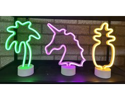 LED lampen met neonlicht - Set van 3 stuks - Palmboom/Unicorn/Ananas - groen/roze/oranje neon licht - Werken op batterijen - Tafellamp - Nachtlamp - Decoratieve verlichting - Woonaccessoires