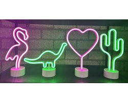 LED lampen met neonlicht - Set van 4 stuks - Flamingo / Dinosaurus / Hart / Cactus - roze/groen neon licht - Werken op batterijen en/of USB - Tafellamp - Nachtlamp - Decoratieve verlichting - Woonaccessoires