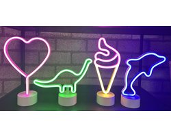 LED lampen met neonlicht - Set van 4 stuks - Hart/Dinosaurus/IJsje/Dolfijn - roze/groen/roze+oranje/blauw neon licht - Werken op batterijen en/of USB - Tafellamp - Nachtlamp - Decoratieve verlichting - Woonaccessoires