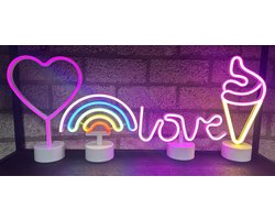 LED lampen met neonlicht - Set van 4 stuks - Hart/Regenboog/Love/IJsje - roze/multicolour/roze+oranje/blauw neon licht - Werken op batterijen en/of USB - Tafellamp - Nachtlamp - Decoratieve verlichting - Woonaccessoires
