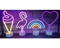 LED lampen met neonlicht - Set van 4 stuks - IJsje/Flamingo/Regenboog/Hart - roze/multicolour/roze+oranje/blauw neon licht - Werken op batterijen en/of USB - Tafellamp - Nachtlamp - Decoratieve verlichting - Woonaccessoires