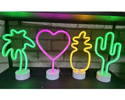 LED lampen met neonlicht - Set van 4 stuks - Palmboom / Hart / Ananas & Cactus - groen/roze/oranje neon licht - hoogte 29.5 x 20 x 8.5 cm / Hoogte 29.5 x 14.5 x 8.5 cm - Tafellamp - Nachtlamp - Decoratieve verlichting - Woonaccessoires