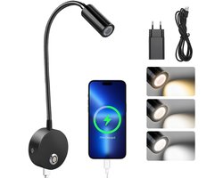 LED-leeslamp - Sfeerverlichting - 3W - Nachtlampje - Flexibele spot met drie kleurtemperaturen - Dimbaar warm wit nachtlampje - Flexibele hals - Met schakelaar - Aluminium - Zwart