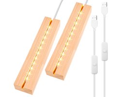 LED-lichten display-basis set van 2 - houten sokkel - rechthoekig - verlichte USB-lampen voor bureau - ShopVlot