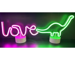 LED love en dino met neonlicht - Set van 2 stuks - roze en groene neon licht - hoogte 28.5 x 16 x 8.5 cm / 27 x 21 x 8.5 cm - Werkt op batterijen en USB - Tafellamp - Nachtlamp - Decoratieve verlichting - Woonaccessoires