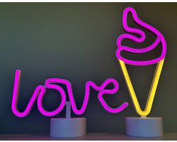 LED love en ijsje met neonlicht - Set van 2 stuks - roze en roze + oranje neon licht - Op batterijen en USB - hoogte love 28.5 x 16 x 8.5 cm - hoogte ijsje 30 x 13 x 8.5 cm - Tafellamp - Nachtlamp - Decoratieve verlichting - Woonaccessoires