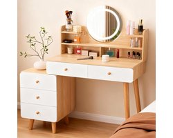 LED Make-up Kaptafel met Spiegel en 5 Lades – Uitschuifbare Dressing Table met 6 Planken en Opbergruimte 40 x 80 x 134 cm – Moderne Witte Houten Kaptafel Bureau & Beauty Station