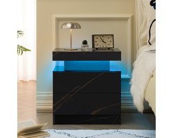 Led Nachtkastje 50x36x53 cm - Nachtkastje Met 2 Laden En Multicolor LED Verlichting - Wit Goud Zwart