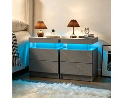 LED Nachtkastje Set Van 2 - 2 Lades - 49 x 34,8 x 52,1 cm - Spaanplaat - Grijs Goud - Modern - Slaapkamer