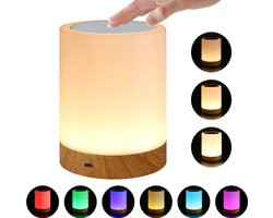 LED-nachtlampje, LED-bedlamp, aanraakgevoelige dimbare tafellamp, creatief oplaadbaar nachtlampje met houtnerfmotief, verkrijgbaar in zeven kleuren.