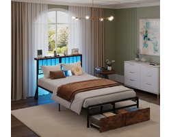 LED Opbergbed 120x200 cm – Industrieel Metaal & Hout – Bed met USB, AC Stopcontacten en Multicolor LED – Opberglades – Stevig & Stijlvol Tiener- en Jongerenbed,Medahomestore