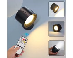 LED Oplaadbaar Wandlamp – Zwart - 2 Zijdige Verlichting - Draadloos & Dimbaar - Magnetisch afneembaar – Met Afstandsbediening & Touch Control – 3 Kleuren – Eenvoudige Montage - Voor Binnen