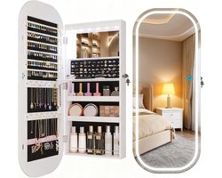 LED Ovale sieradenkast hangend, wand/deur hangend sieradenkast met spiegel, afsluitbare sieradenkast met 3 kleuren licht volledige spiegel rond, in hoogte verstelbare haak, wit hout