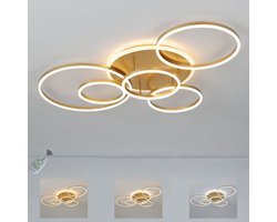 Led Plafondlamp Dimbaar met Afstandsbediening - 6 Ringen - 115cm- 108 Watt - 3300 lumen - Energieklasse A ++ - Goud - Wit - Plafonniere - Modern - led lamp - Woonkamer - Kamer - Eetkamer - Eettafel - Keuken - Slaapkamer - Cafe - Restaurant -Horeca