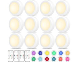 LED Puck Lights, 12 Pack Draadloze Onder Kast Verlichting Werkt op batterijen, 16 Kleur Verwisselbare Dimbare Push Lights, met 2 Afstandsbedieningen & Timing Functie (Wit)