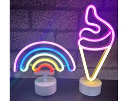 LED regenboog en ijsje met neonlicht - Set van 2 stuks - multicolour en roze neon licht - hoogte 20 x 22.5 x 8.5 cm / 30 x 13 x 8.5 cm - Werkt op batterijen en USB - Tafellamp - Nachtlamp - Decoratieve verlichting - Woonaccessoires
