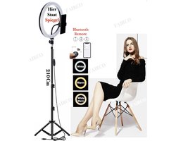 LED Ring Light 26Cm met Spiegel en Statief 210 CM hoog Inclusief Bluetooth afstandsbediening en Telefoonhouder - Smartphone Tripod - LED Ringlamp - Ring Light - flitser - Make-up light - Studiolamp – Fairco